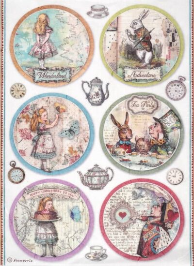 Stamperia Decoupage Rice Paper A/4 - Alice in Wonderland Rounds - DFSA4766. A sheet showing various circular motifs with Alice in Wonderland characters and vintage elements.