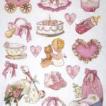 Stamperia Decoupage Rice Paper A/4 - Baby Girl Pink Newborn - DFSA4290. A sheet of rice paper featuring delicate pink-themed illustrations of baby shoes, a cradle, and floral newborn motifs.