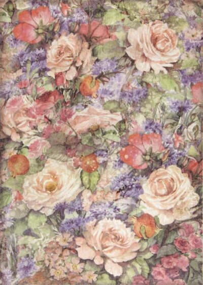 Stamperia Decoupage Rice Paper A/4 - Casa Granada Flowers - DFSA4660. A sheet of rice paper featuring a rich composition of orange and red flowers, pomegranates, and Spanish-inspired decorative patterns.
