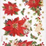 Stamperia Rice Paper - A4-sized paper featuring red poinsettia flowers, holly branches, pinecones, and small white blossoms on a white background (DFSA4310)
