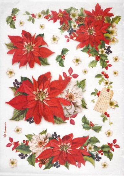 Stamperia Rice Paper - A4-sized paper featuring red poinsettia flowers, holly branches, pinecones, and small white blossoms on a white background (DFSA4310)