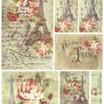 Stamperia Decoupage Rice Paper A/4 - Voyage en France Eiffel Tower - DFSA4025. A sheet of rice paper featuring the Eiffel Tower, vintage French postage stamps, and classical "Voyage en France" script motifs.