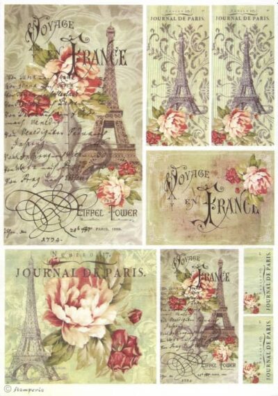 Stamperia Decoupage Rice Paper A/4 - Voyage en France Eiffel Tower - DFSA4025. A sheet of rice paper featuring the Eiffel Tower, vintage French postage stamps, and classical "Voyage en France" script motifs.