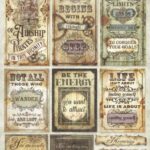 Stamperia Decoupage Rice Paper A/4 - Lady Vagabond Lifestyle Tickets - DFSA4649. A sheet showing various vintage travel tickets, baggage tags, and Steampunk-inspired decorative elements.