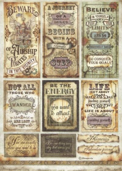 Stamperia Decoupage Rice Paper A/4 - Lady Vagabond Lifestyle Tickets - DFSA4649. A sheet showing various vintage travel tickets, baggage tags, and Steampunk-inspired decorative elements.