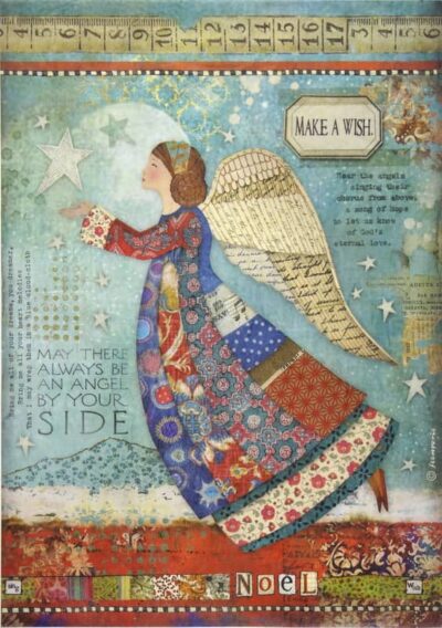 Stamperia Decoupage Rice Paper A/4 - Make a Wish Angel Christmas - DFSA4407. A sheet of rice paper featuring a vintage-style angel with large wings, surrounded by festive Christmas elements and a "Make a Wish" script.