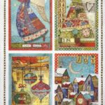 Stamperia Decoupage Rice Paper A/4 - Christmas Patchwork Postcards - DFSA4408. A sheet of rice paper featuring a grid of vintage-style Christmas postcards with Santa Claus, winter birds, and festive floral motifs.