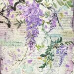 Stamperia Decoupage Rice Paper A/4 - Botanical Garden Wisteria - DFSA4227. A sheet of rice paper featuring hanging purple wisteria flowers, vintage botanical notes, and delicate butterfly motifs.