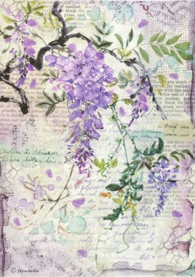 Stamperia Decoupage Rice Paper A/4 - Botanical Garden Wisteria - DFSA4227. A sheet of rice paper featuring hanging purple wisteria flowers, vintage botanical notes, and delicate butterfly motifs.