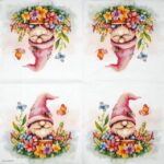 Open view of Charming Gnome lunch napkins 20 pack, displaying the full whimsical garden floral pattern with gnomes and butterflies.