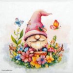 Quarter-fold view of the Charming Gnome lunch decoupage napkin, displaying the repeating whimsical garden pattern with flowers and butterflies.