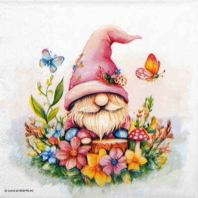 Quarter-fold view of the Charming Gnome lunch decoupage napkin, displaying the repeating whimsical garden pattern with flowers and butterflies.