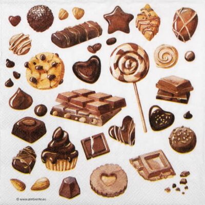 Chocolate decoupage sheet featuring gourmet sweets, single napkin