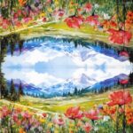 Blooming Fields napkins 20 pack featuring a scenic mountain landscape and wild poppy meadow