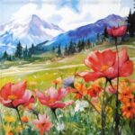 Blooming Fields floral decoupage napkin featuring a mountain landscape, meadows, and vibrant poppies.