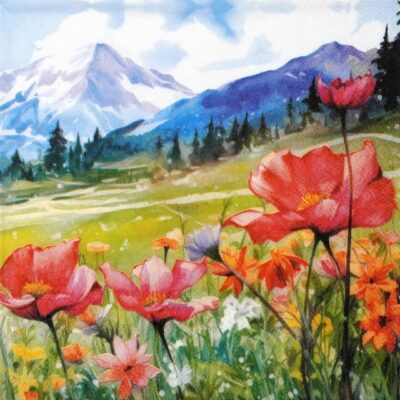 Blooming Fields floral decoupage napkin featuring a mountain landscape, meadows, and vibrant poppies.