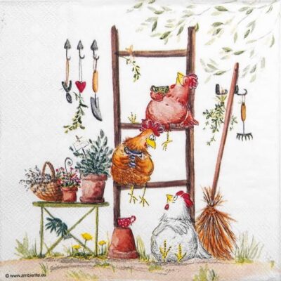 Quarter-fold view of the Break Time farmyard decoupage napkin, showing the full repeat of the chicken and garden motif.