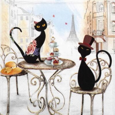 Cats in Paris Decoupage Napkin featuring stylish cats and Eiffel Tower blossom design for craft projects
