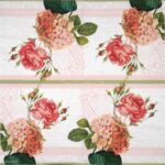 Claudia Vintage Floral Napkins 20 pack (open view) displaying a recurring pattern of blooming pink roses, hydrangea clusters, vintage script, and intricate lace-style borders.