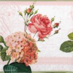 Vintage Floral Decoupage Napkin (Claudia design) featuring a detailed composition of blooming pink roses, rosebuds, and hydrangea clusters on a cream background with vintage script and a lace border.