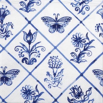 Diamond Shaped Tiles napkin with blue‑and‑white butterfly and floral tile motifs.
