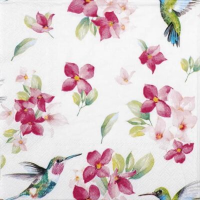 Hummingbird Decoupage Napkin featuring elegant hummingbirds and pink floral illustrations from our premium craft collection.
