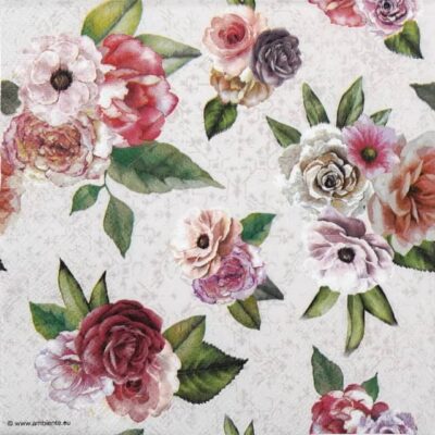 A single, folded Vintage Rose & Peony Decoupage Napkin shown in a quarter-fold view. The design displays a romantic watercolor arrangement of red and pink roses and peonies on a textured cream background. The crisp, folded edges highlight the premium quality of this Diny’s Floral Bouquet napkin.