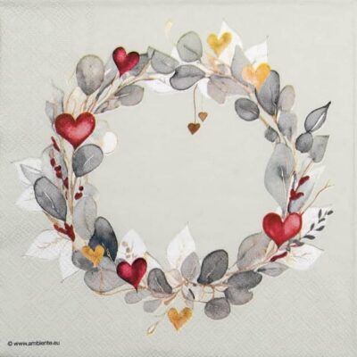 Eucalyptus Wreath Green Lunch Decoupage Napkin four-quadrant layout showing floral craft design