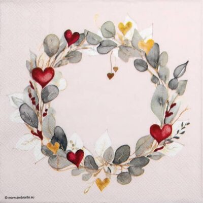 Pink Eucalyptus Wreath Lunch Decoupage Napkin four-quadrant layout showing floral craft design