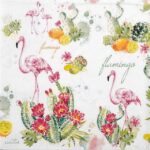 Flamingo and cactus decoupage napkin featuring pink flamingos, blooming cacti, and exotic fruits on a white background.