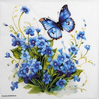 A close-up view of a Forget Me Not Lunch decoupage napkin featuring delicate blue floral patterns on a white background.
