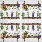 Herb kitchen lunch napkins 20 pack featuring hanging dried herbs and glass jars on a rustic white wood shelf