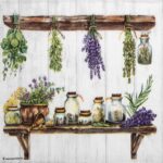 A quarter-folded Herb kitchen lunch decoupage napkin showing all four identical rustic panels featuring hanging dried herbs and apothecary jars on a white wood shelf.