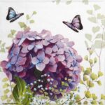 Open view of Hydrangea Ball decoupage napkin, showing repeated floral designs with purple hydrangea and butterflies.