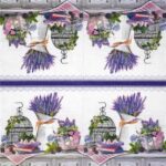 Lavender Decoration napkins 20 pack open view, showing the repeated pattern of lavender, birdcages, and vintage books for party table settings.