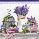 Lavender Decoration decoupage napkin with purple flowers, vintage pitcher, and birdcage design for botanical crafts.