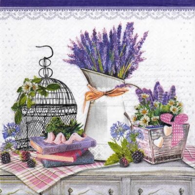 Lavender Decoration decoupage napkin with purple flowers, vintage pitcher, and birdcage design for botanical crafts.