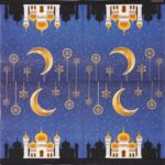 Mosque by Night Napkins 20 Pack opened flat showing a golden mosque, crescent moon and starry night decor.