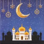 Mosque by Night decoupage napkin showing a golden mosque under a starry blue sky with a crescent moon.