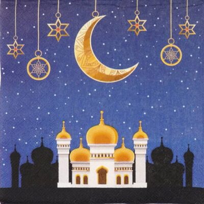 Mosque by Night decoupage napkin showing a golden mosque under a starry blue sky with a crescent moon.