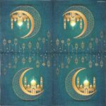 Mosque on Crescent Moon Napkins 20 Pack fully opened showing golden mosque, crescent moon and teal night‑sky decor with lanterns and stars.