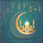 Mosque on Crescent Moon decoupage napkin quarter‑fold showing golden mosque, crescent moon and teal night‑sky decor.