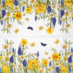 Narcissus and Muscari Lunch Napkins 20 Pack featuring yellow daffodils, blue grape hyacinths and butterflies, perfect for spring table decor.
