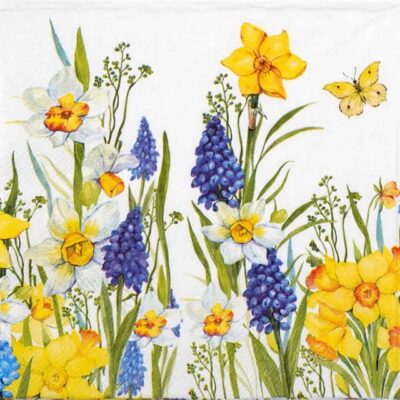 Narcissus and Muscari Decoupage Napkin featuring spring flowers, yellow daffodils, blue muscari and butterflies for crafts.