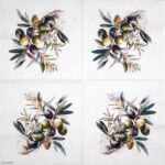 Open Olive branch lunch napkins 20 pack featuring a delicate botanical pattern of green olives and leaves on a crisp white background.