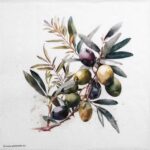 Olive branch lunch decoupage napkin, quarter view showing the botanical pattern.