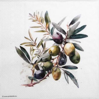 Olive branch lunch decoupage napkin, quarter view showing the botanical pattern.