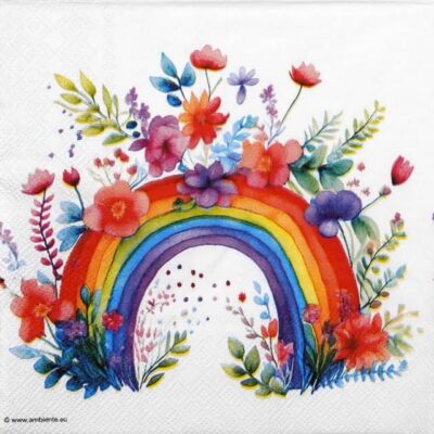 Rainbow Flowers lunch decoupage napkin showing both a single design close-up and a full four-quadrant layout, highlighting UK-based business, worldwide shipping, and mix-and-match selection options