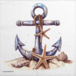 Rusty anchor decoupage napkin with starfish and seashells, nautical design for coastal crafts on a white background.