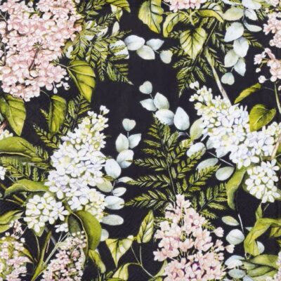 Quarter-fold view of the Soft Lilacs Black lunch decoupage napkin, displaying the full repeating floral pattern of lilac blossoms and foliage.